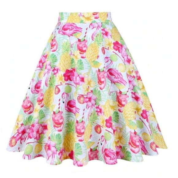 Retro Tropical Flamingo Pineapple Pinup Skirt NEW - Picture 1 of 2